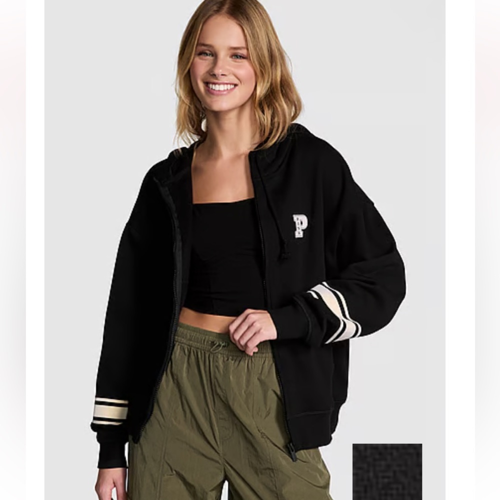 New PINK Victoria's Secret Black Ivy Fleece Campus full Zip Hoodie extra small